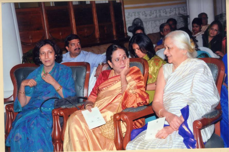 Urmila Devi with the two founder members Prema Bhakta, Vice President, and Ila Chandrasekhar, President, at the 35th Anniversary Concert by Prince Rama Varma of Travancore at the palace in Bangalore in 2010 © IMAS Archives